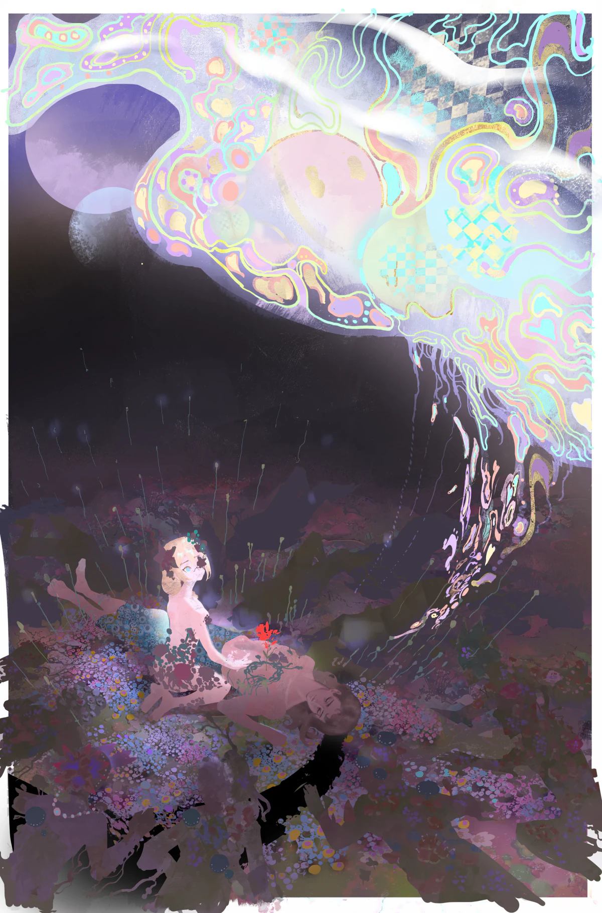 幽暗谷地上空漂浮着一只水母般的斑斓大气生物，下方花野中，短发的伊甸跪坐在一位闭目横卧的人物身旁，那人身侧生出一枝红花。
